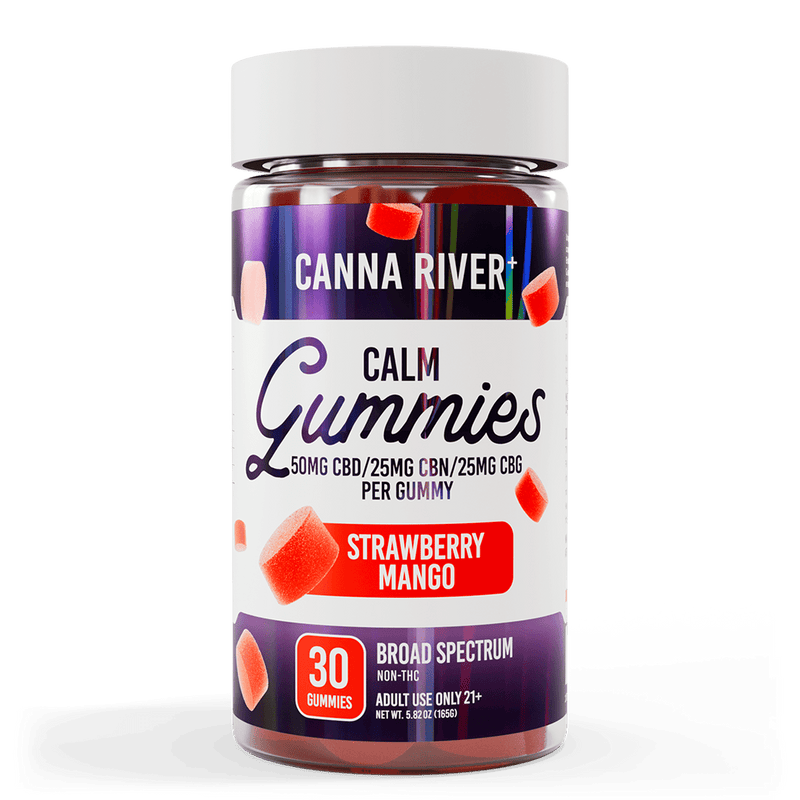 Canna River CBD Calm Gummies Strawberry Mango Broad Spectrum 50mg CBD + 25mg CBN + 25mg CBG 30 count