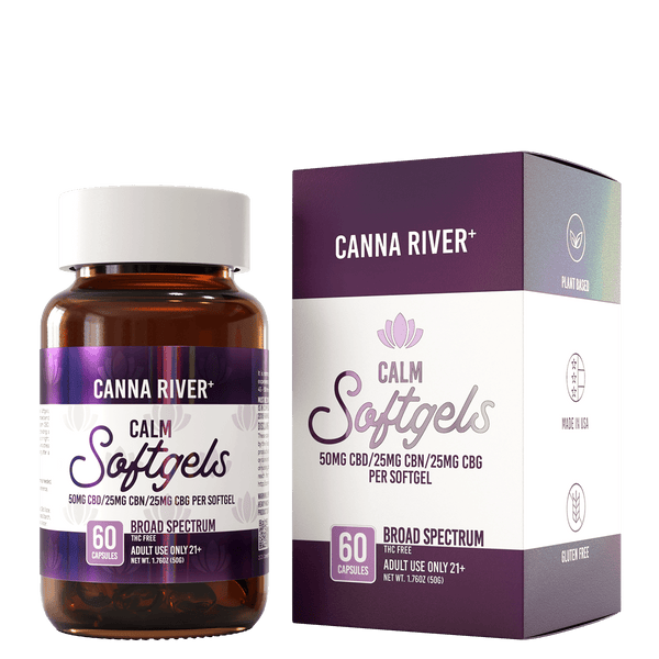 CBD Calm Softgels Softgel Canna River Broad Spectrum (THC Free) 50mg CBD + 25mg CBN + 25mg CBG per Softgel / 60 Softgels 0.5mL