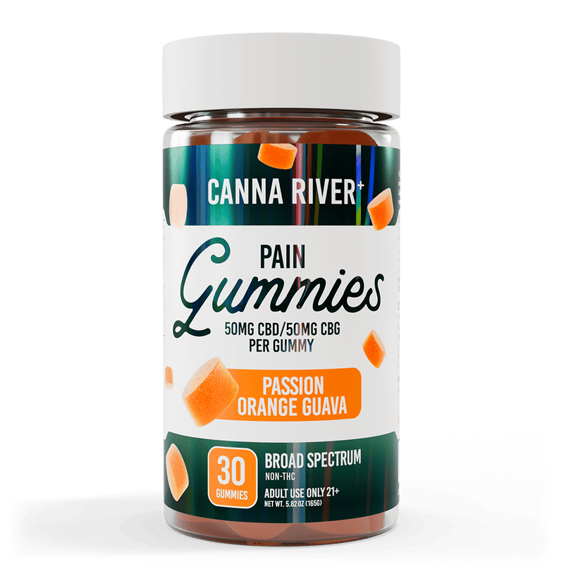 Canna River CBD Pain Gummies Passion Orange Guava Broad Spectrum 50mg CBD + 50mg CBG 30 count