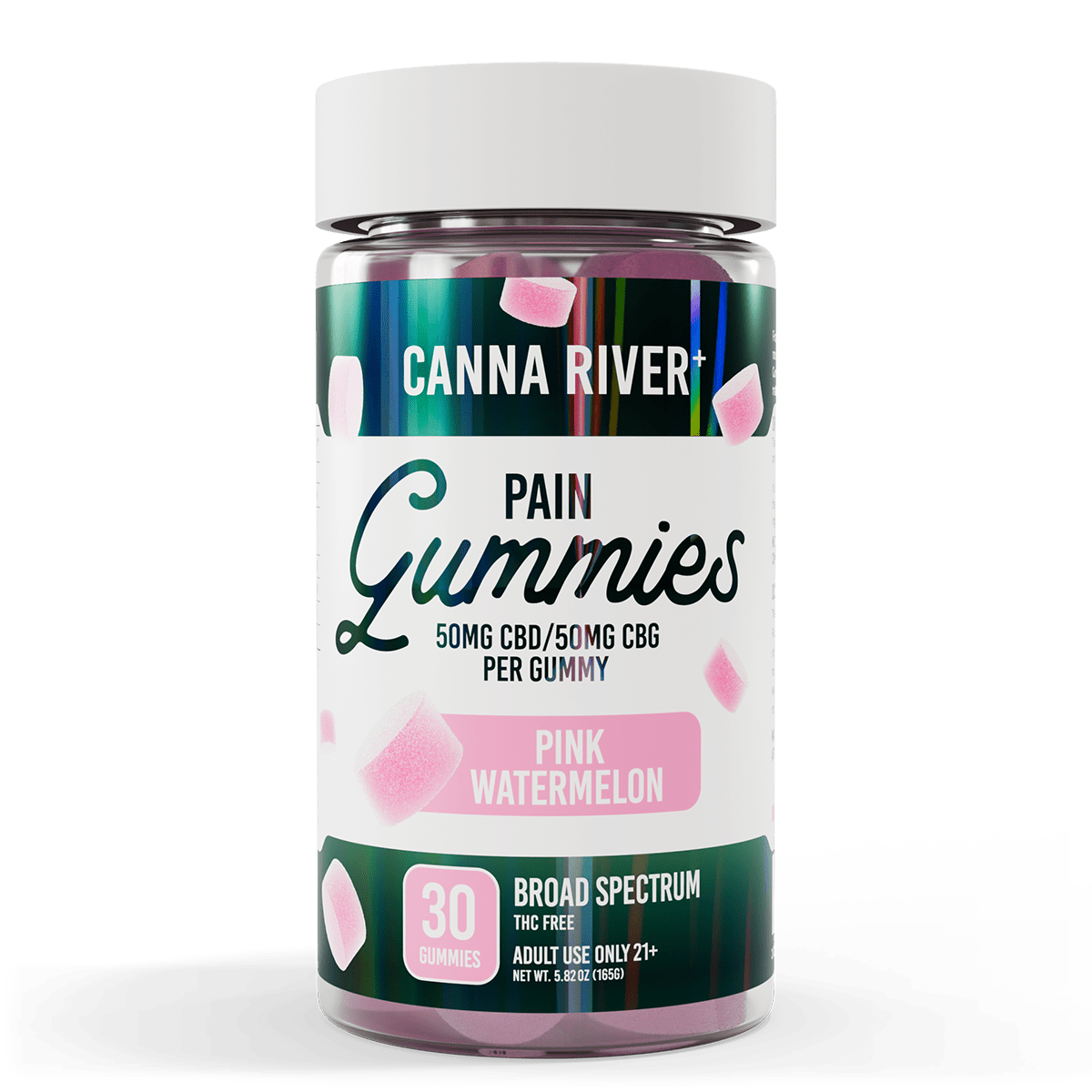 CBD Pain Gummies Gummy Canna River Broad Spectrum (THC Free) Pink Watermelon 50mg CBD + 50mg CBG per Gummy / 30 Gummies