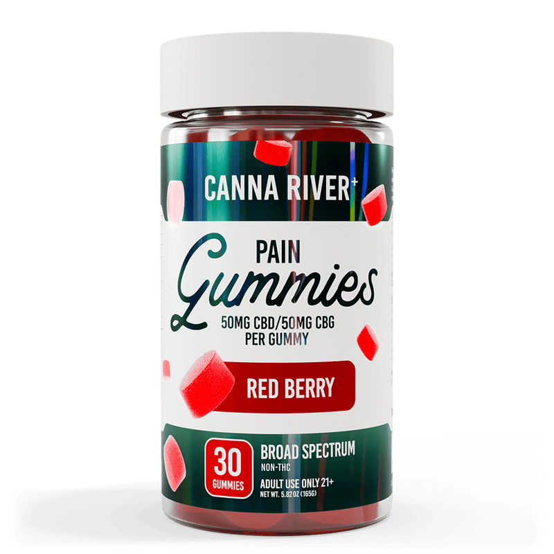 Canna River CBD Pain Gummies Red Berry Broad Spectrum 50mg CBD + 50mg CBG 30 count