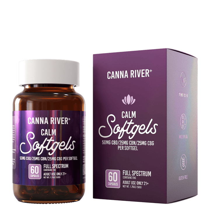 CBD Calm Softgels Softgel Canna River Full Spectrum (Contains THC) 50mg CBD + 25mg CBN + 25mg CBG per Softgel / 60 Softgels 0.5mL