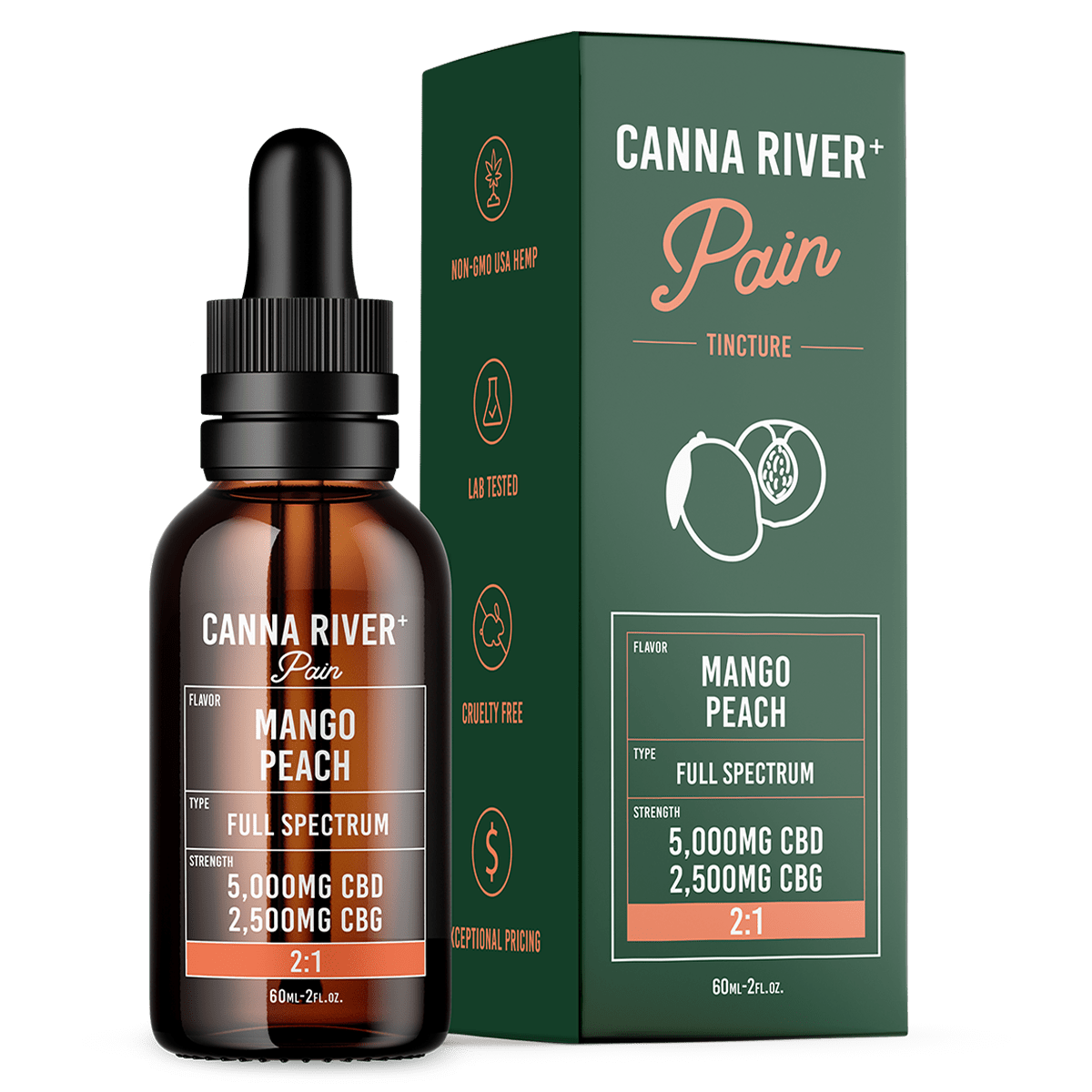 CBD Pain Tincture Tincture Canna River Full Spectrum (Contains THC) Mango Peach 5000mg CBD + 2500mg CBG / 60mL