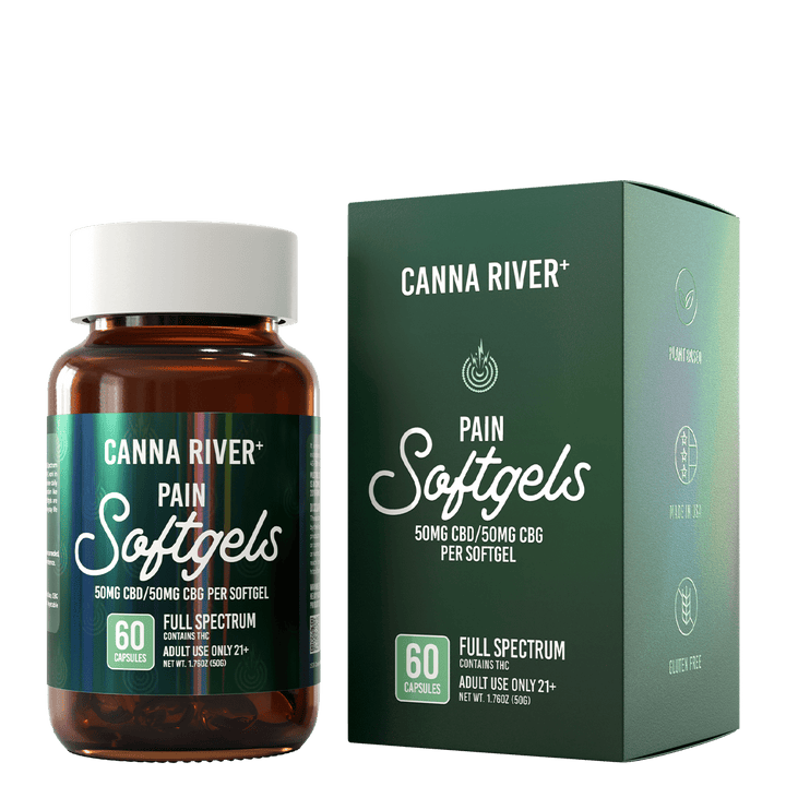 CBD Pain Softgels Softgel Canna River Full Spectrum (Contains THC) 50mg CBD + 50mg CBG per Softgel / 60 Softgels 0.5mL