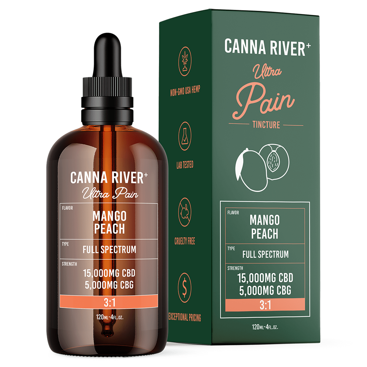 CBD Ultra Pain Tincture Tincture Canna River Full Spectrum (Contains THC) Mango Peach 15000mg CBD + 5000mg CBG / 120mL