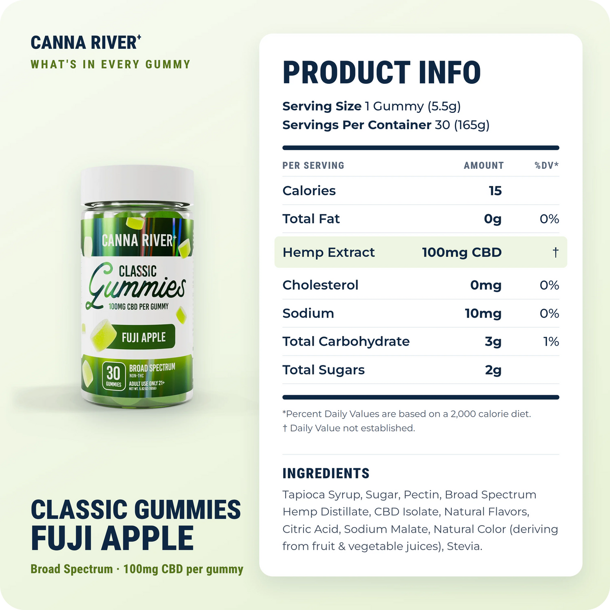 CBD Classic Gummies, Broad Spectrum (Non-THC) / Fuji Apple / 100mg CBD / 30 Gummies: product info and ingredients