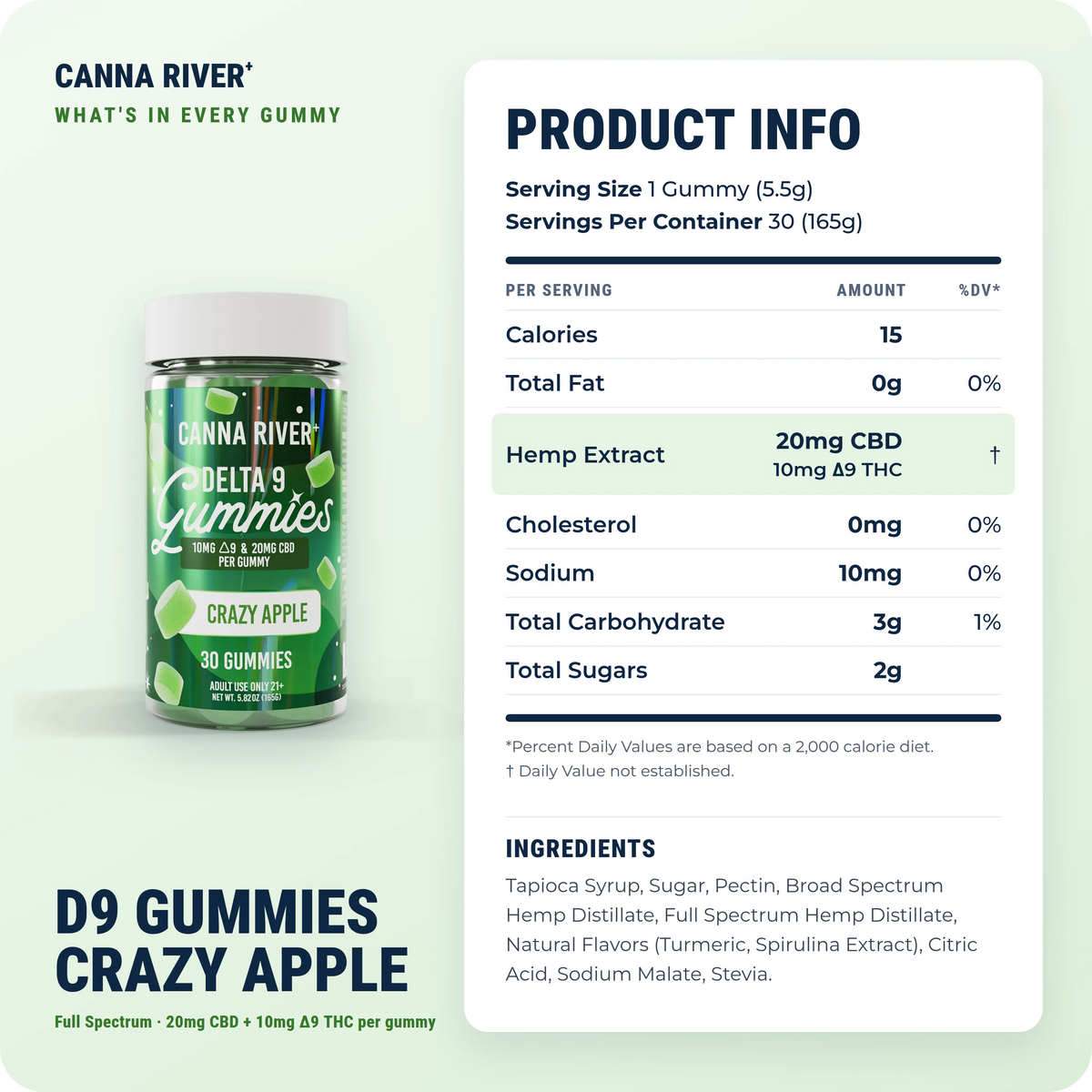 D9 Gummies, Full Spectrum (Contains THC) / Crazy Apple / 10mg D9 THC + 20mg CBD / 30 Gummies: product info and ingredients