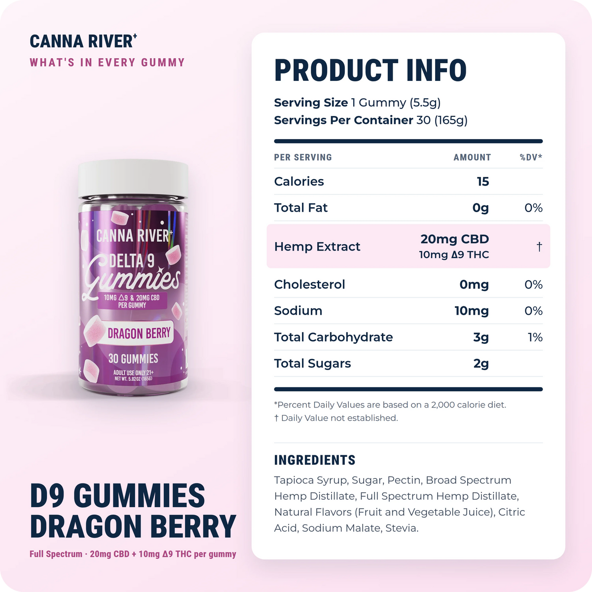 D9 Gummies, Full Spectrum (Contains THC) / Dragon Berry / 10mg D9 THC + 20mg CBD / 30 Gummies: product info and ingredients