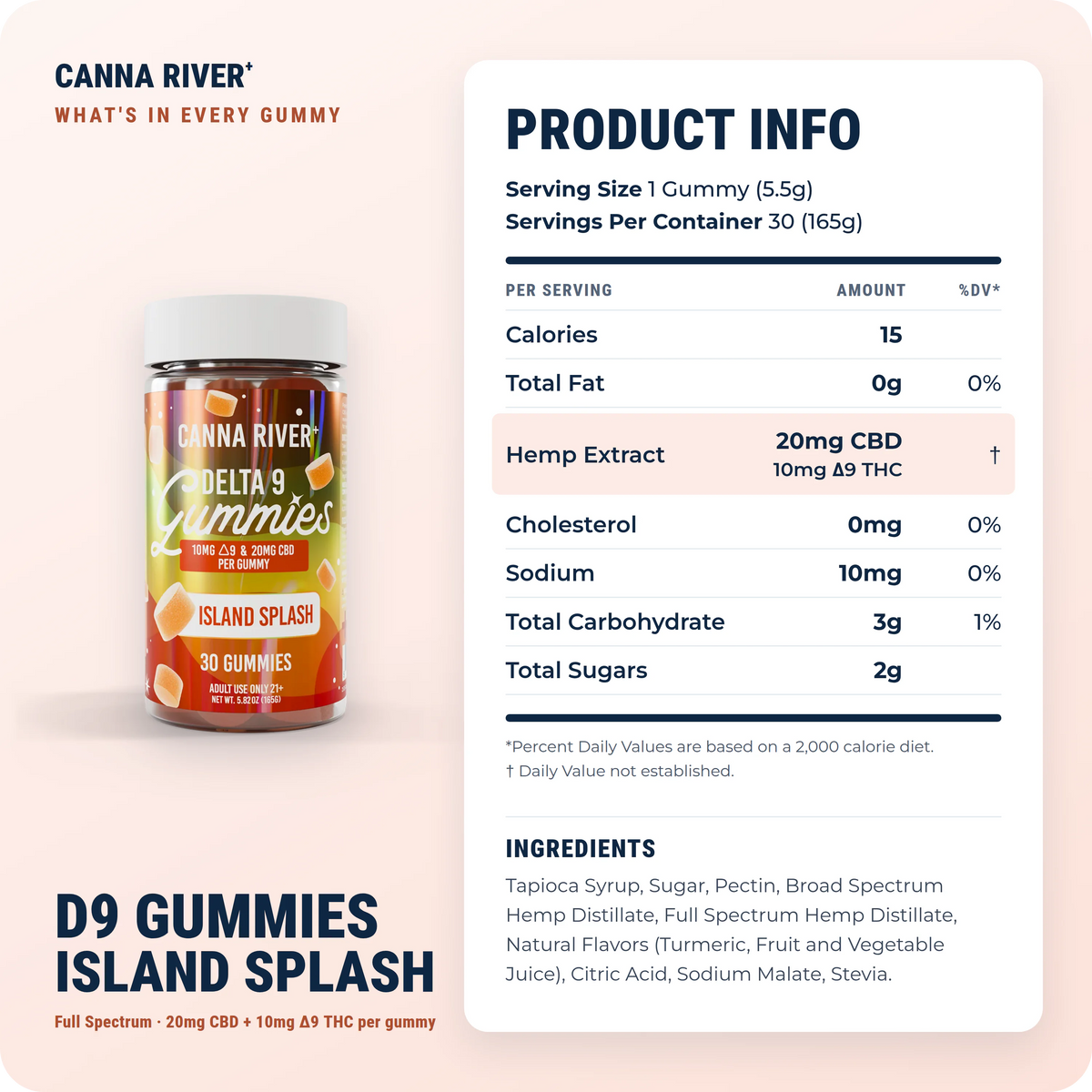 D9 Gummies, Full Spectrum (Contains THC) / Island Splash / 10mg D9 THC + 20mg CBD / 30 Gummies: product info and ingredients