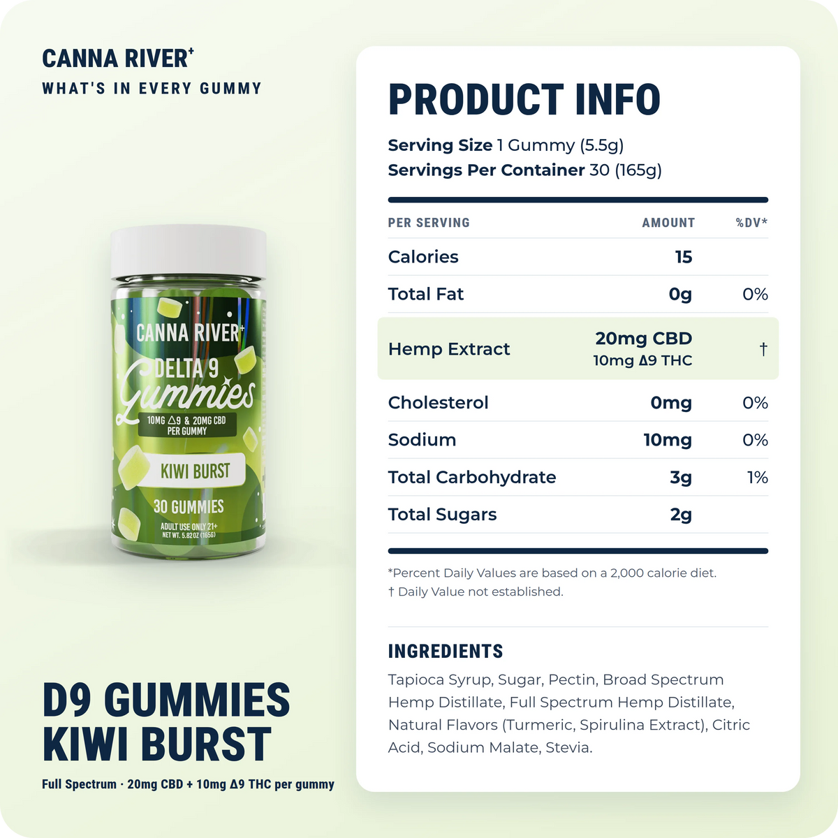 D9 Gummies, Full Spectrum (Contains THC) / Kiwi Burst / 10mg D9 THC + 20mg CBD / 30 Gummies: product info and ingredients