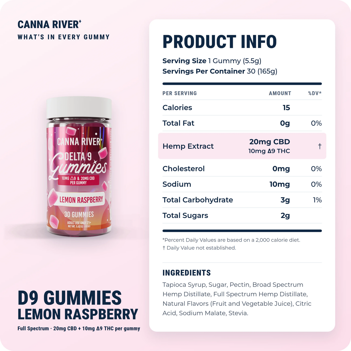 D9 Gummies, Full Spectrum (Contains THC) / Lemon Raspberry / 10mg D9 THC + 20mg CBD / 30 Gummies: product info and ingredients