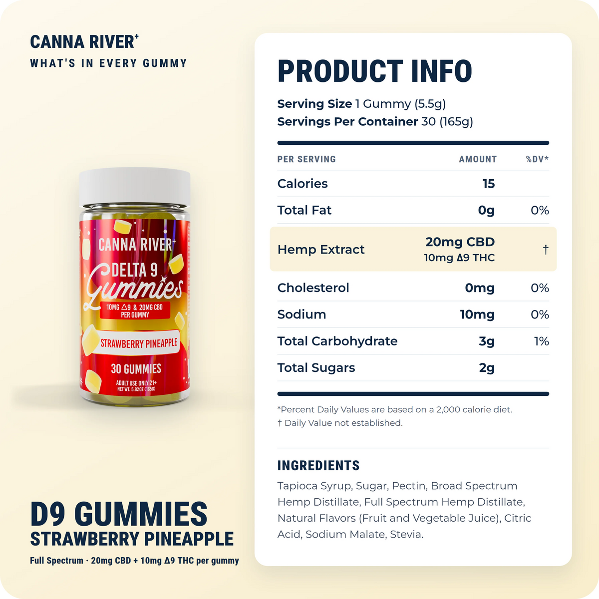 D9 Gummies, Full Spectrum (Contains THC) / Strawberry Pineapple / 10mg D9 THC + 20mg CBD / 30 Gummies: product info and ingredients