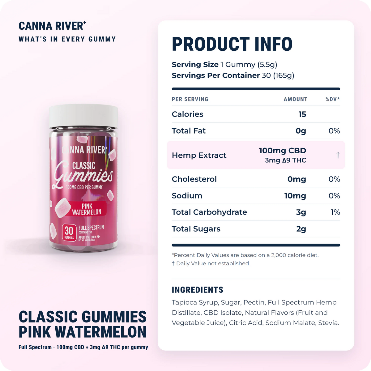 CBD Classic Gummies, Full Spectrum (Contains THC) / Pink Watermelon / 100mg CBD / 30 Gummies: product info and ingredients