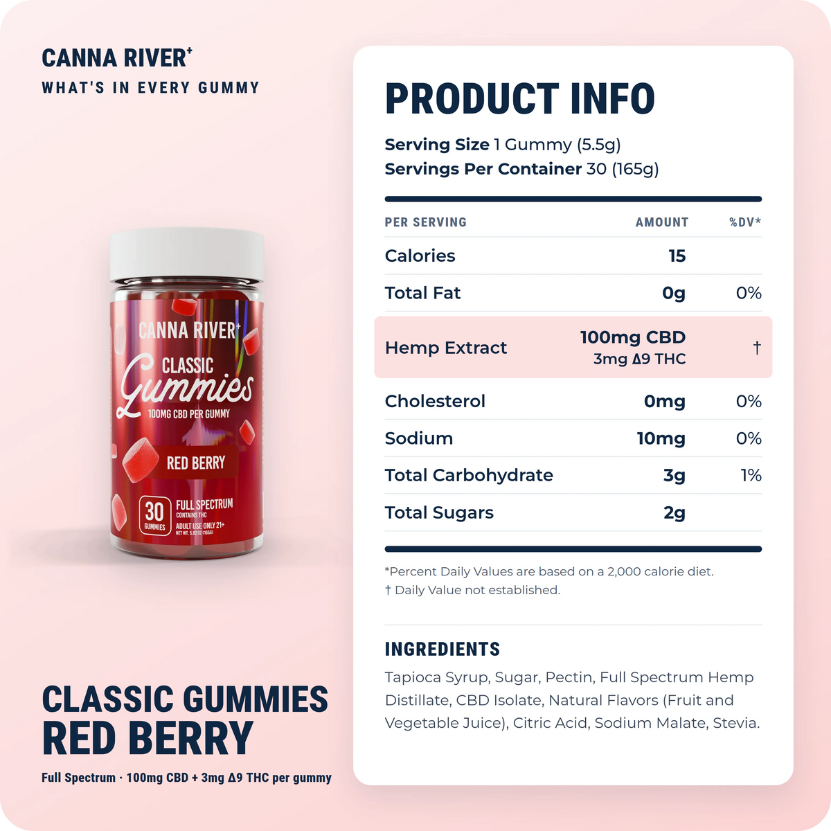 CBD Classic Gummies, Full Spectrum (Contains THC) / Red Berry / 100mg CBD / 30 Gummies: product info and ingredients