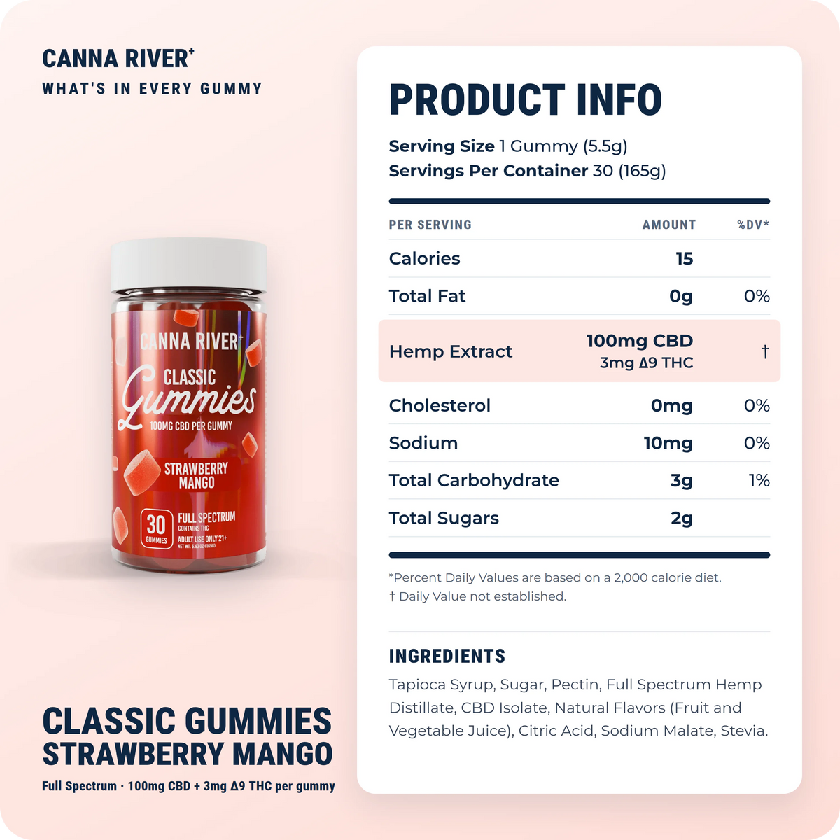 CBD Classic Gummies, Full Spectrum (Contains THC) / Strawberry Mango / 100mg CBD / 30 Gummies: product info and ingredients