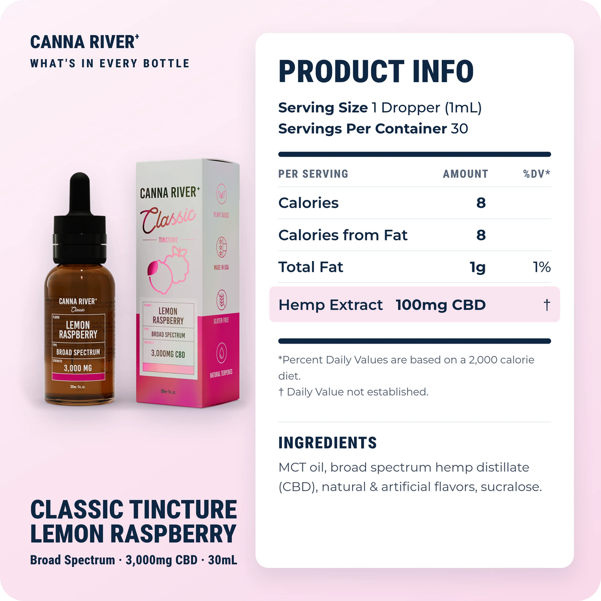 CBD Classic Tincture, Broad Spectrum (Non-THC) / Lemon Raspberry / 3000mg CBD / 30mL: product info and ingredients