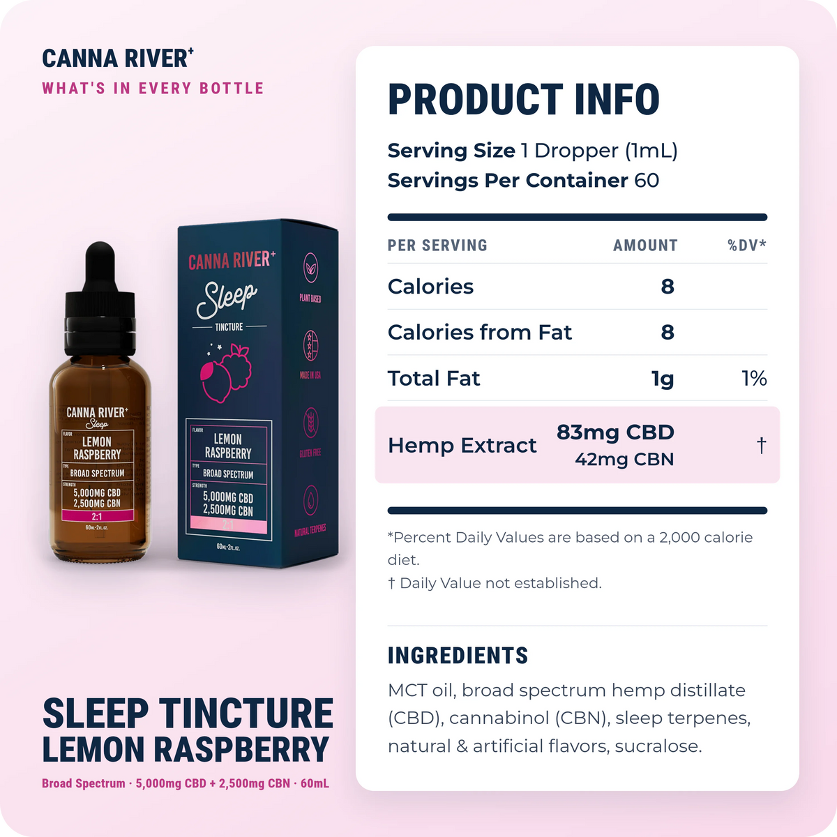 CBD Sleep Tincture, Broad Spectrum (Non-THC) / Lemon Raspberry / 5000mg CBD + 2500mg CBN / 60mL: product info and ingredients