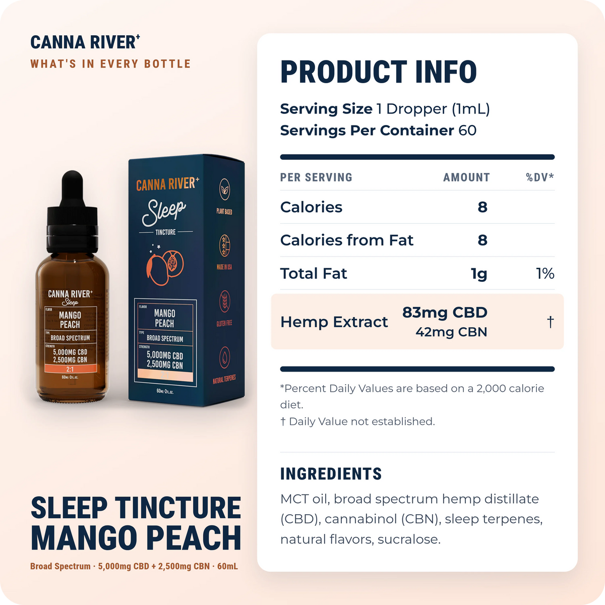 CBD Sleep Tincture, Broad Spectrum (Non-THC) / Mango Peach / 5000mg CBD + 2500mg CBN / 60mL: product info and ingredients