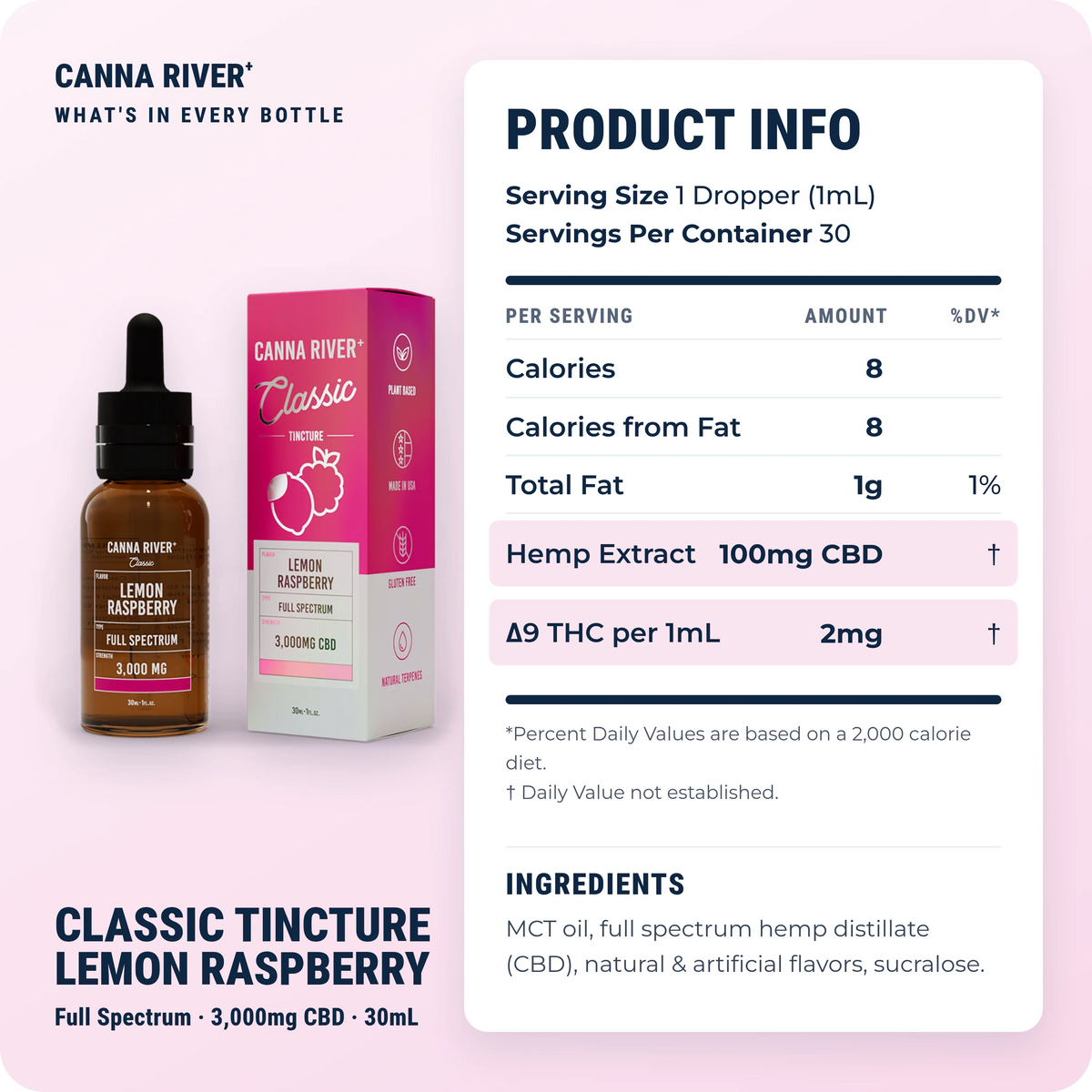 CBD Classic Tincture, Full Spectrum (Contains THC) / Lemon Raspberry / 3000mg CBD / 30mL: product info and ingredients