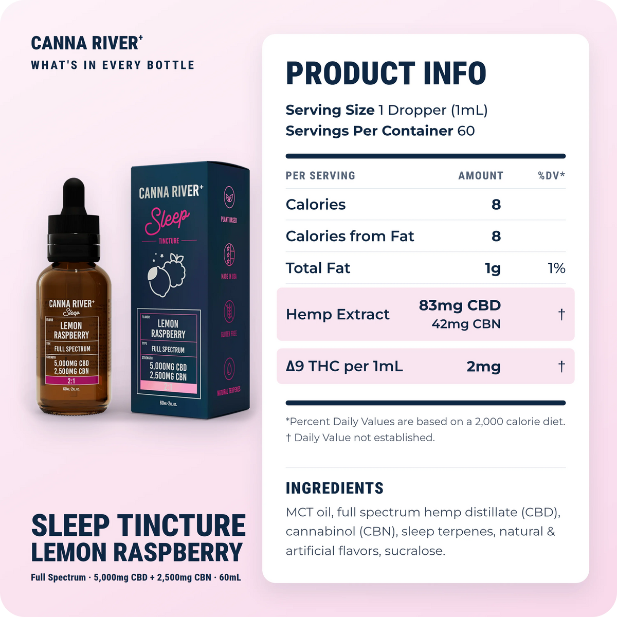 CBD Sleep Tincture, Full Spectrum (Contains THC) / Lemon Raspberry / 5000mg CBD + 2500mg CBN / 60mL: product info and ingredients