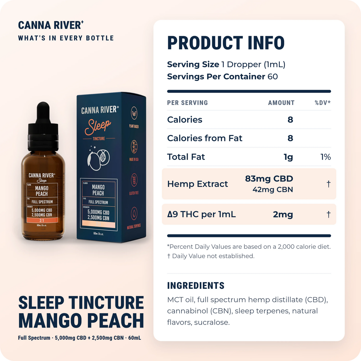 CBD Sleep Tincture, Full Spectrum (Contains THC) / Mango Peach / 5000mg CBD + 2500mg CBN / 60mL: product info and ingredients