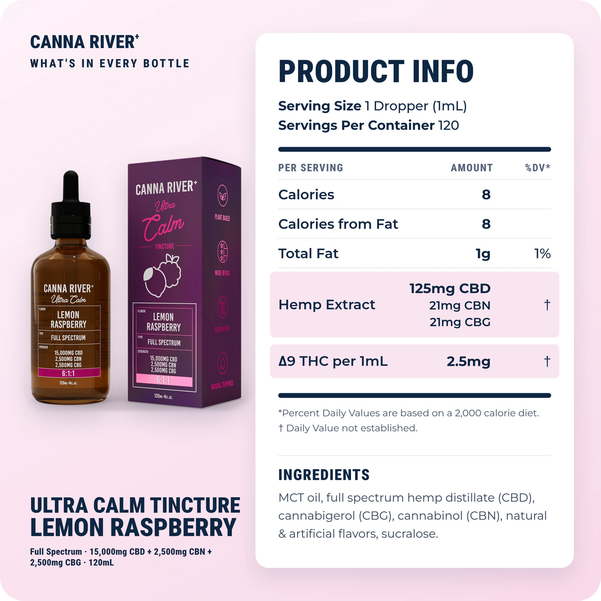 CBD Ultra Calm Tincture, Full Spectrum (Contains THC) / Lemon Raspberry / 15000mg CBD + 2500mg CBN + 2500mg CBG / 120mL: product info and ingredients