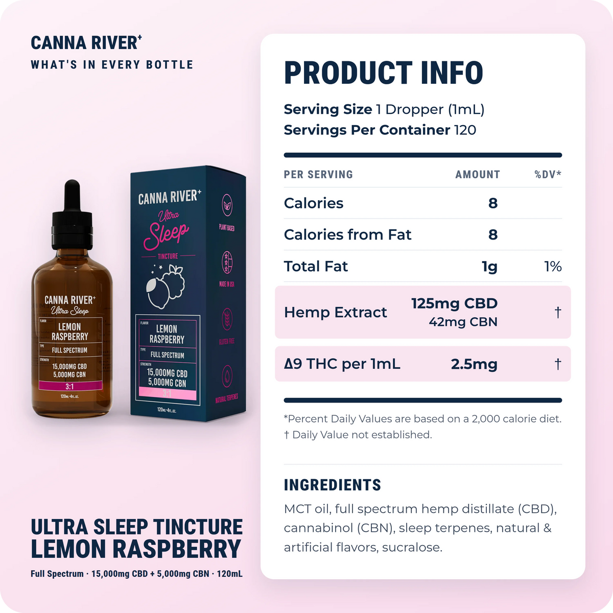 CBD Ultra Sleep Tincture, Full Spectrum (Contains THC) / Lemon Raspberry / 15000mg CBD + 5000mg CBN / 120mL: product info and ingredients