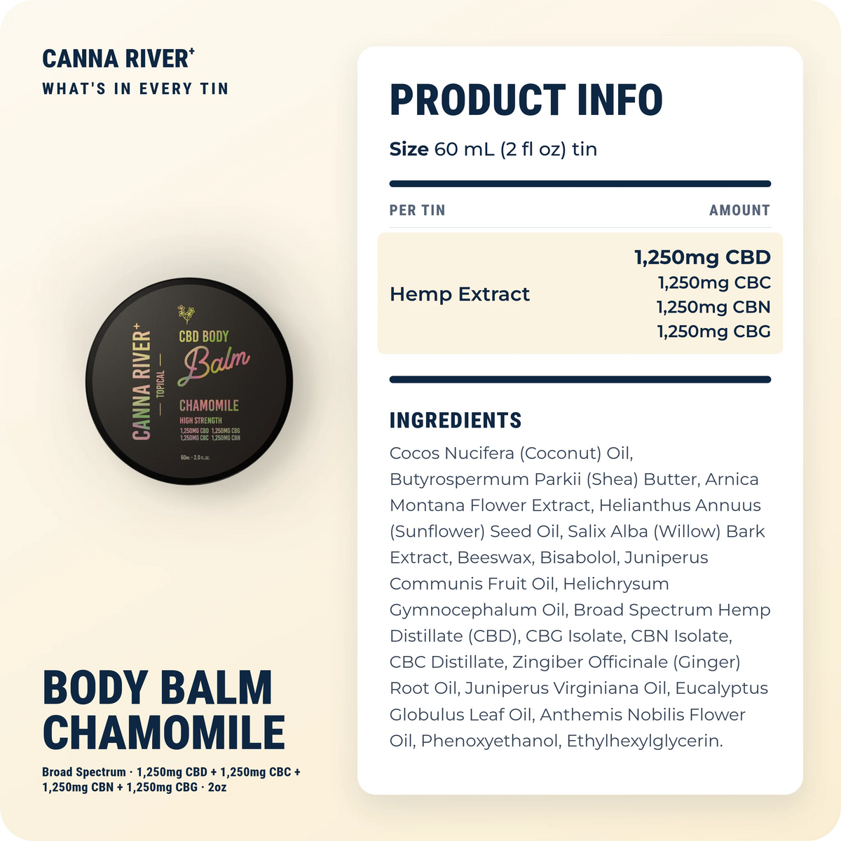 CBD Body Balm, Broad Spectrum (Non-THC) / Chamomile / 1250mg CBD + 1250mg CBC + 1250mg CBN + 1250mg CBG / 2oz: product info and ingredients