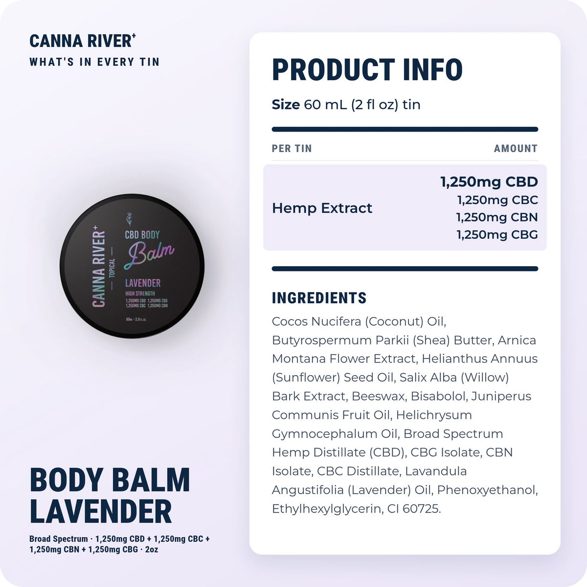 CBD Body Balm, Broad Spectrum (Non-THC) / Lavender / 1250mg CBD + 1250mg CBC + 1250mg CBN + 1250mg CBG / 2oz: product info and ingredients
