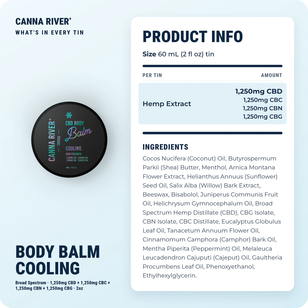 CBD Body Balm, Broad Spectrum (Non-THC) / Cooling / 1250mg CBD + 1250mg CBC + 1250mg CBN + 1250mg CBG / 2oz: product info and ingredients