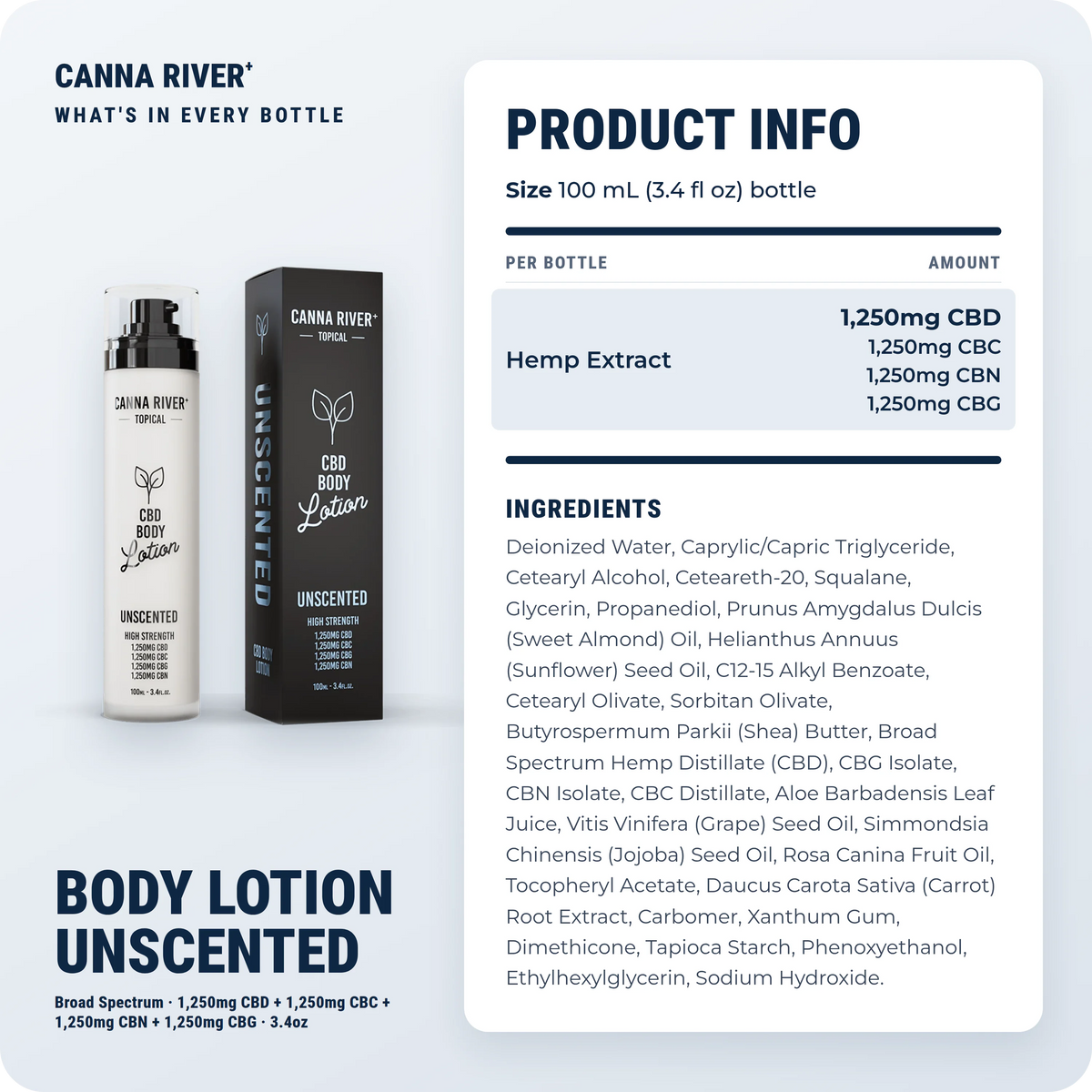 CBD Body Lotion, Broad Spectrum (Non-THC) / Unscented / 1250mg CBD + 1250mg CBC + 1250mg CBN + 1250mg CBG / 3.4oz: product info and ingredients