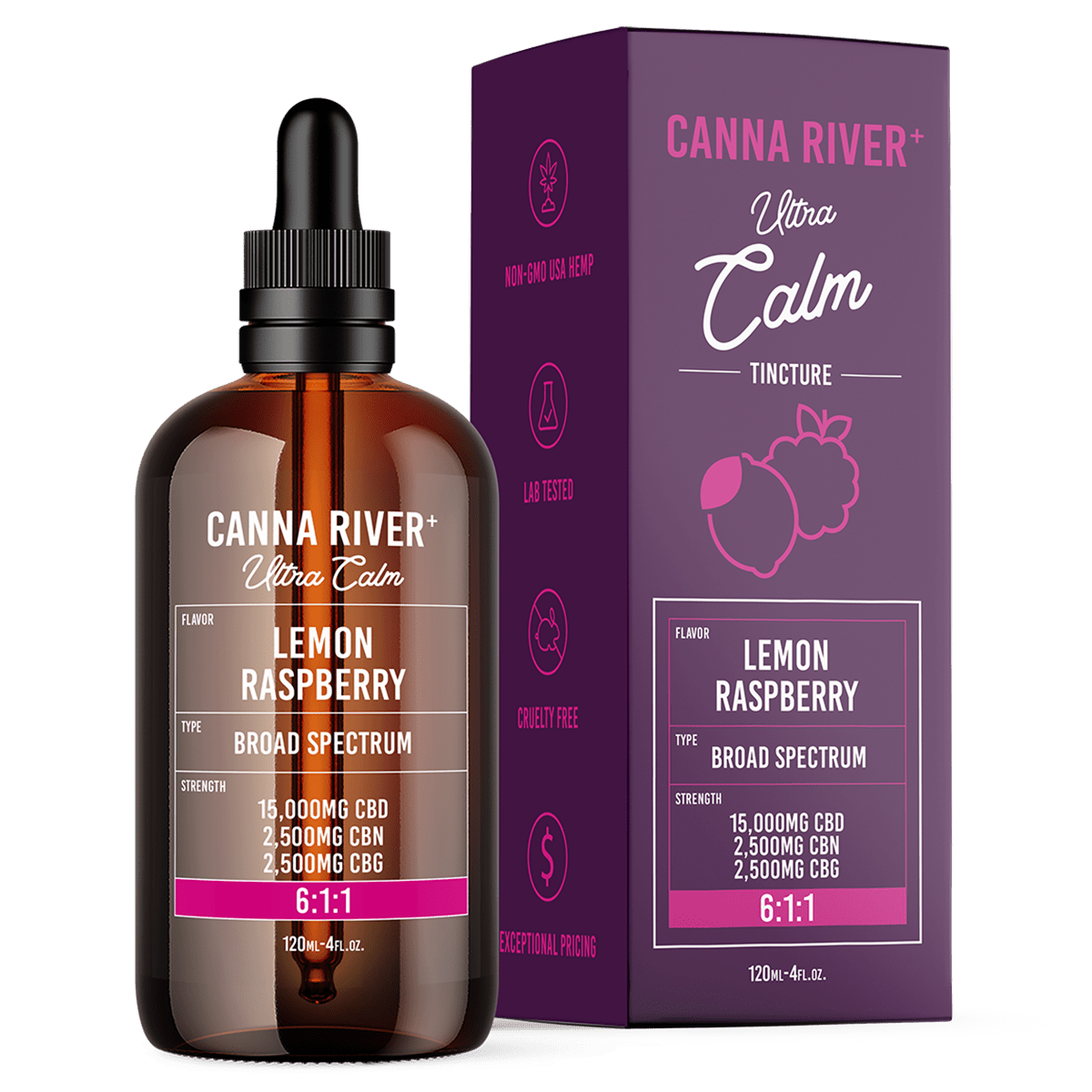 CBD/CBN/CBG Ultra Calm Tincture Tincture Canna River Broad Spectrum Lemon Raspberry 15000mg CBD + 2500mg CBN + 2500mg CBG / 120mL
