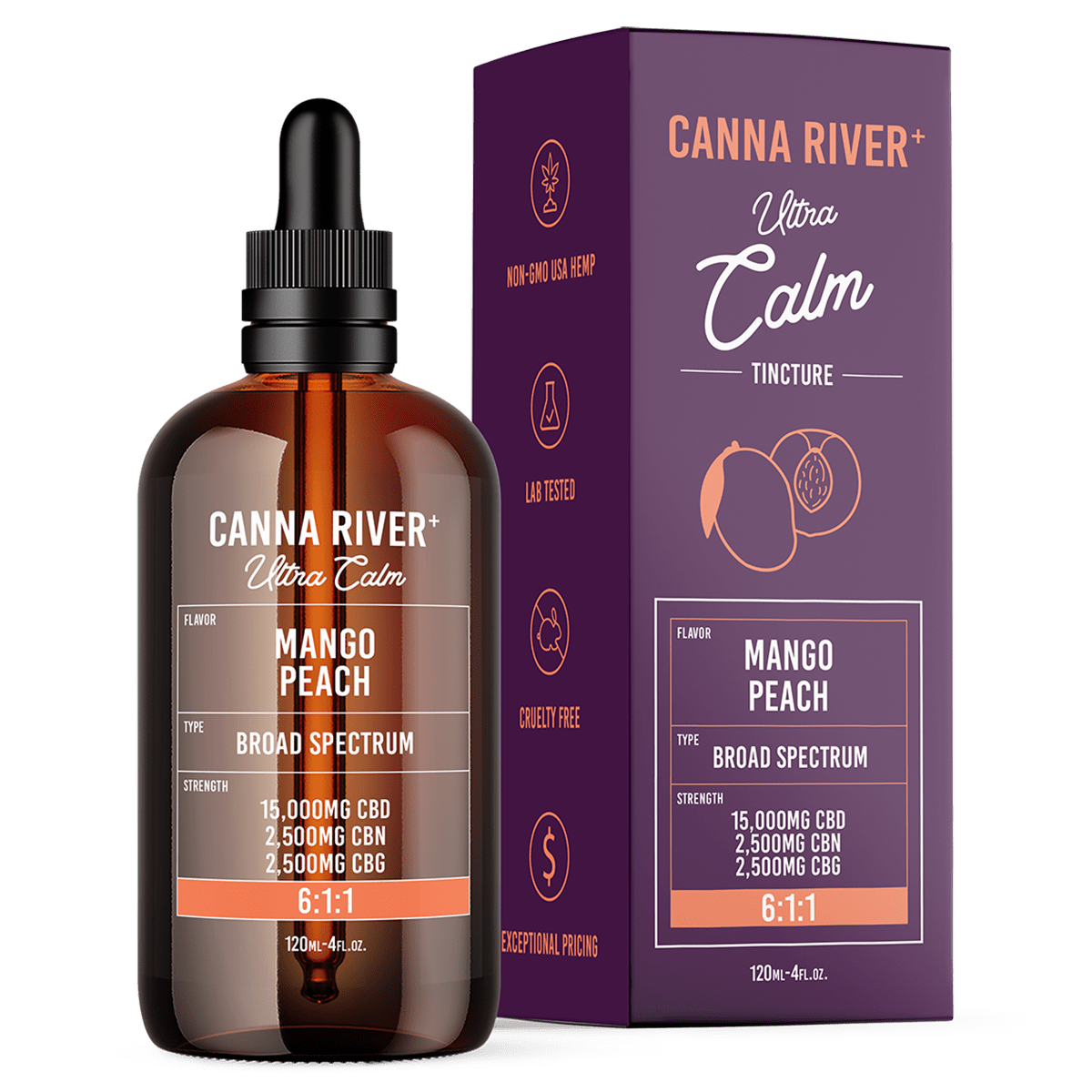 CBD/CBN/CBG Ultra Calm Tincture Tincture Canna River Broad Spectrum Mango Peach 15000mg CBD + 2500mg CBN + 2500mg CBG / 120mL