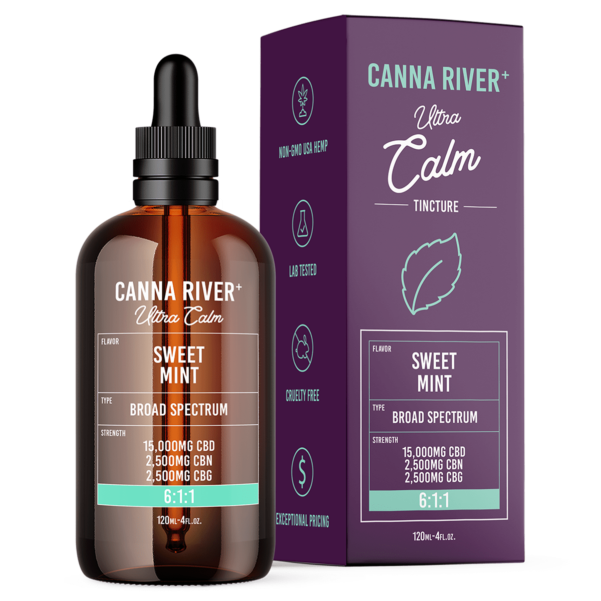 CBD/CBN/CBG Ultra Calm Tincture Tincture Canna River Broad Spectrum Sweet Mint 15000mg CBD + 2500mg CBN + 2500mg CBG / 120mL