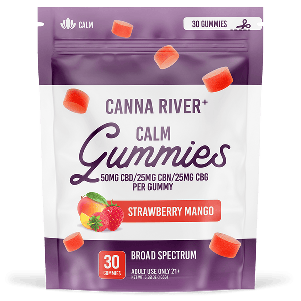 CBD/CBN/CBG Calm Gummies Gummy Canna River Broad Spectrum (THC Free) Strawberry Mango 50mg CBD + 25mg CBN + 25mg CBG per Gummy / 30 Gummies